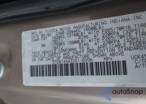 2002 Toyota Sequoia Sr5 V8 from USA, damaged, VIN 5TDBT44A32S116996